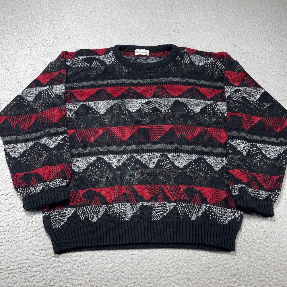 Vintage Area‎ Sweater Mens Large Black Red Geometric Knit Crewneck Pullover USA